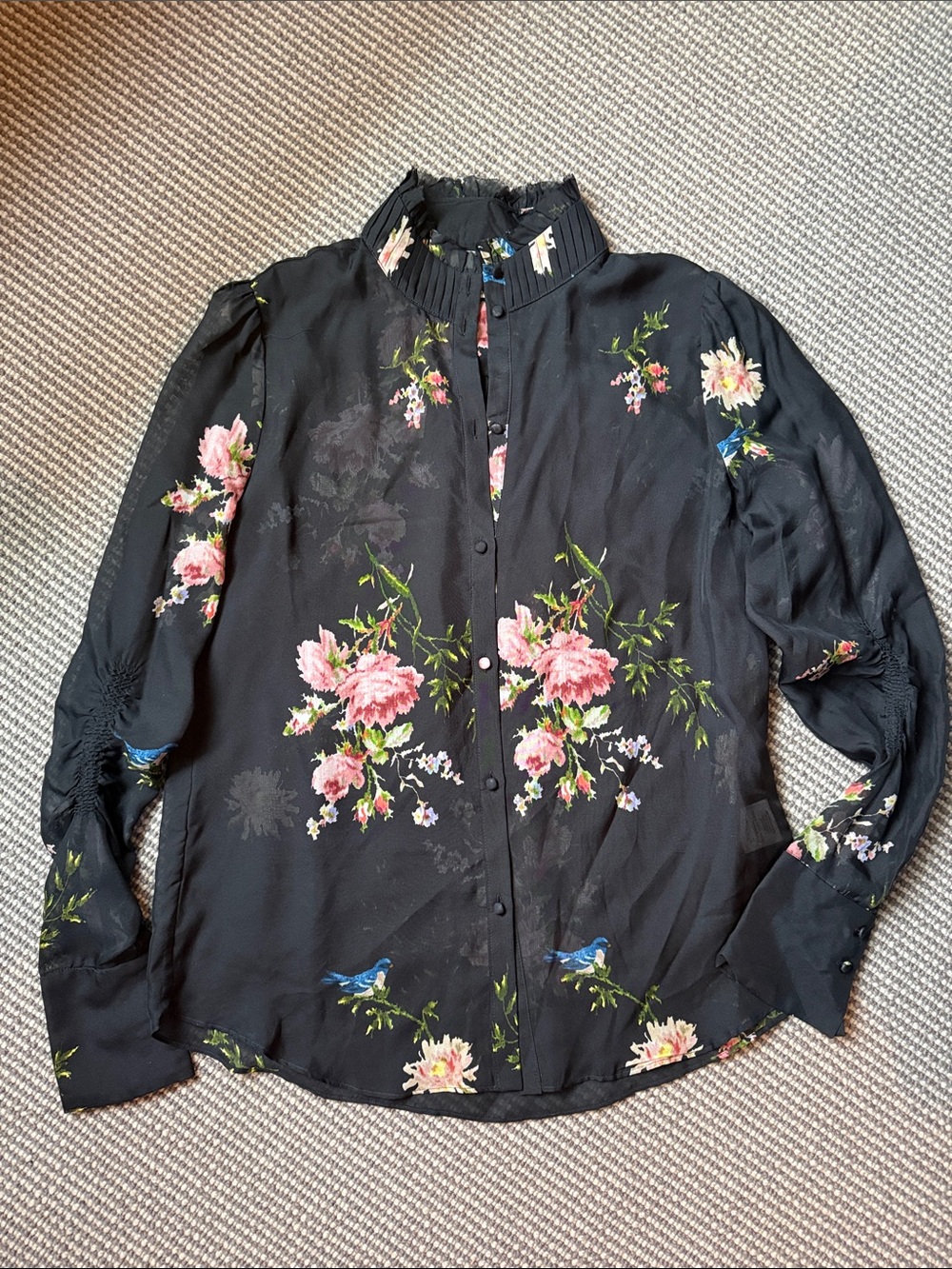Joie Black Floral Button-Up Blouse with Pink Blooms